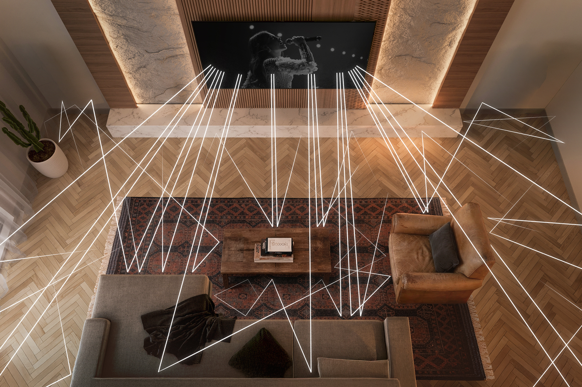 Stylish room from overhead with lines showing where sound gets distorted 2000x1333 mobile