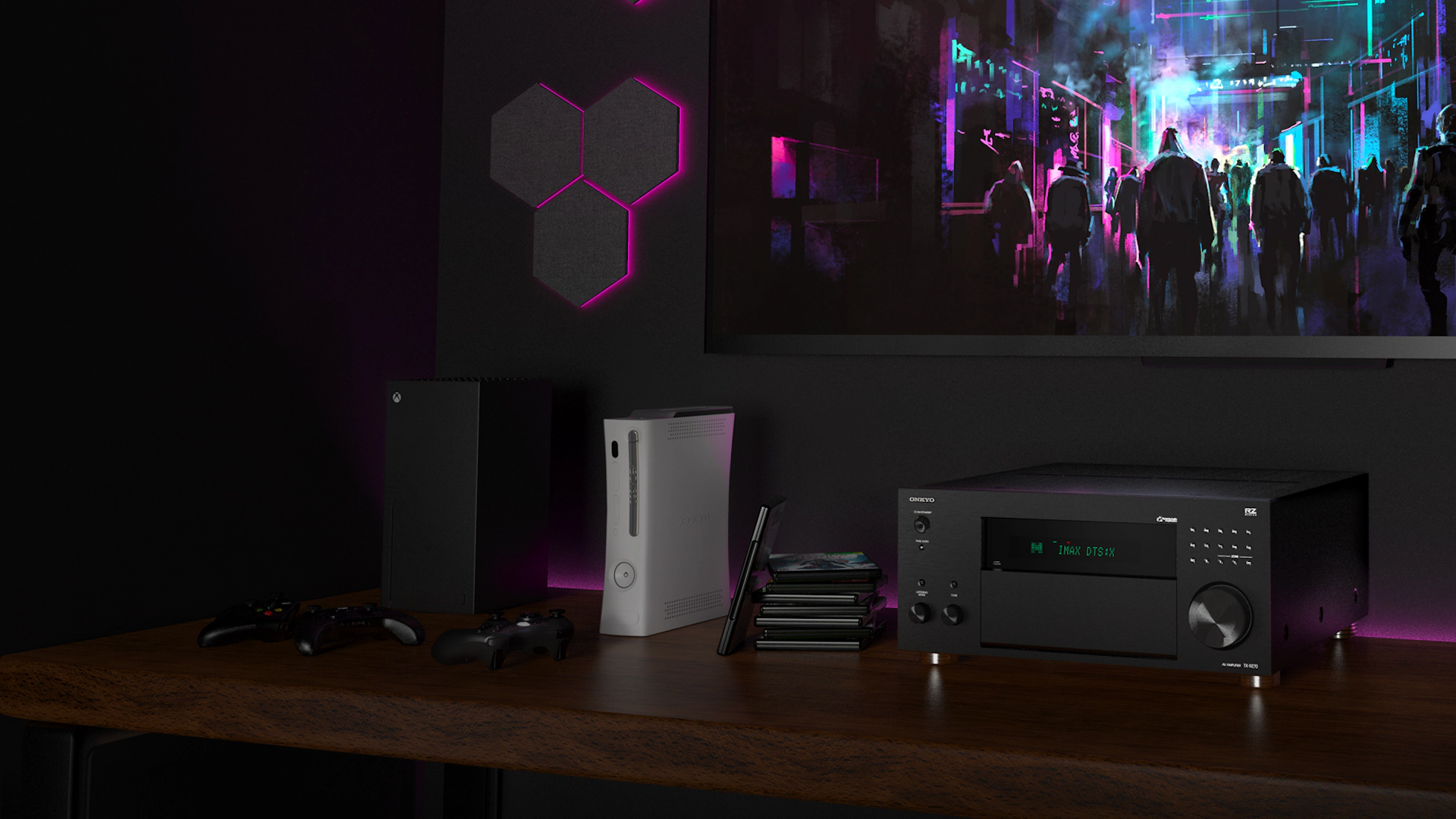 TX RZ70 Gaming Console Below TV with Futuristic City Game 2000x1333 v2