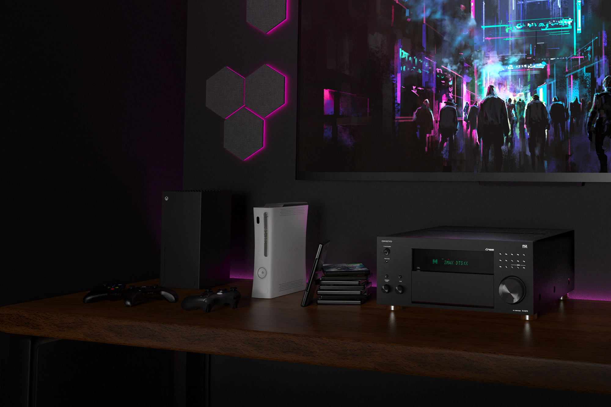 TX RZ70 Gaming Console Below TV with Futuristic City Game 2000x1333 v2