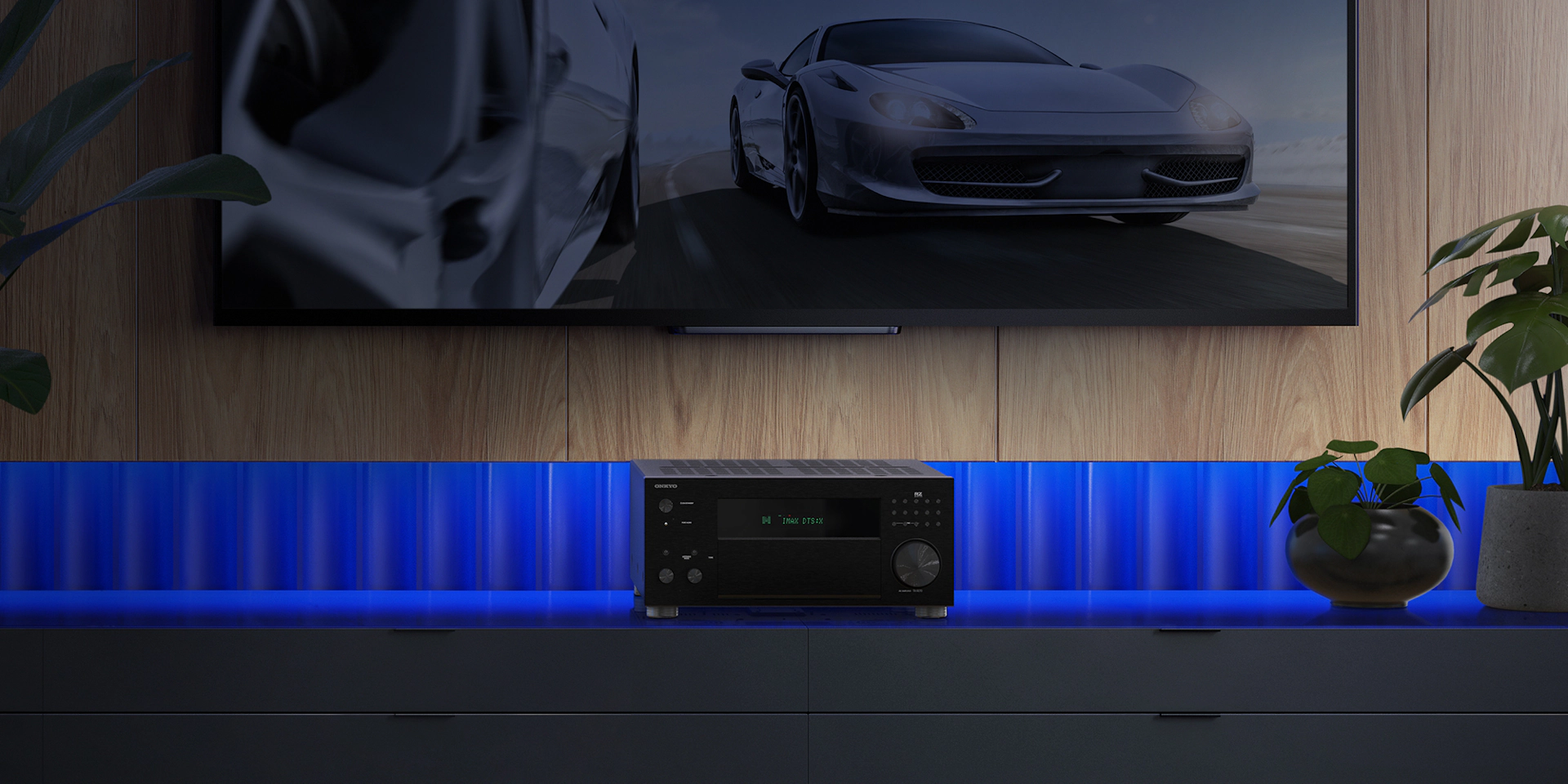 TX RZ70 On Media Console with Plants Blue Light Behind with Overlay 1920x1080 v2