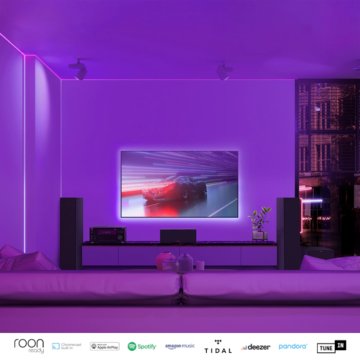 TX RZ70 and Klipsch Home Theater System in Purple LED Lit High Rise Condo 2000x2000