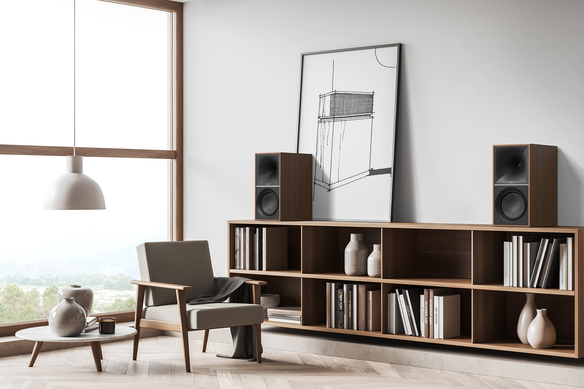 The Nines Walnut On Bookshelf Bright Living Room 2000x1333