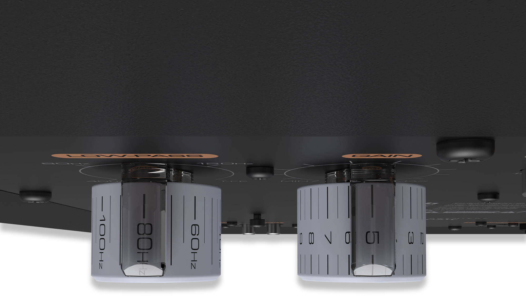 Top down view of knobs on the amplifier of an RP 1000 SW