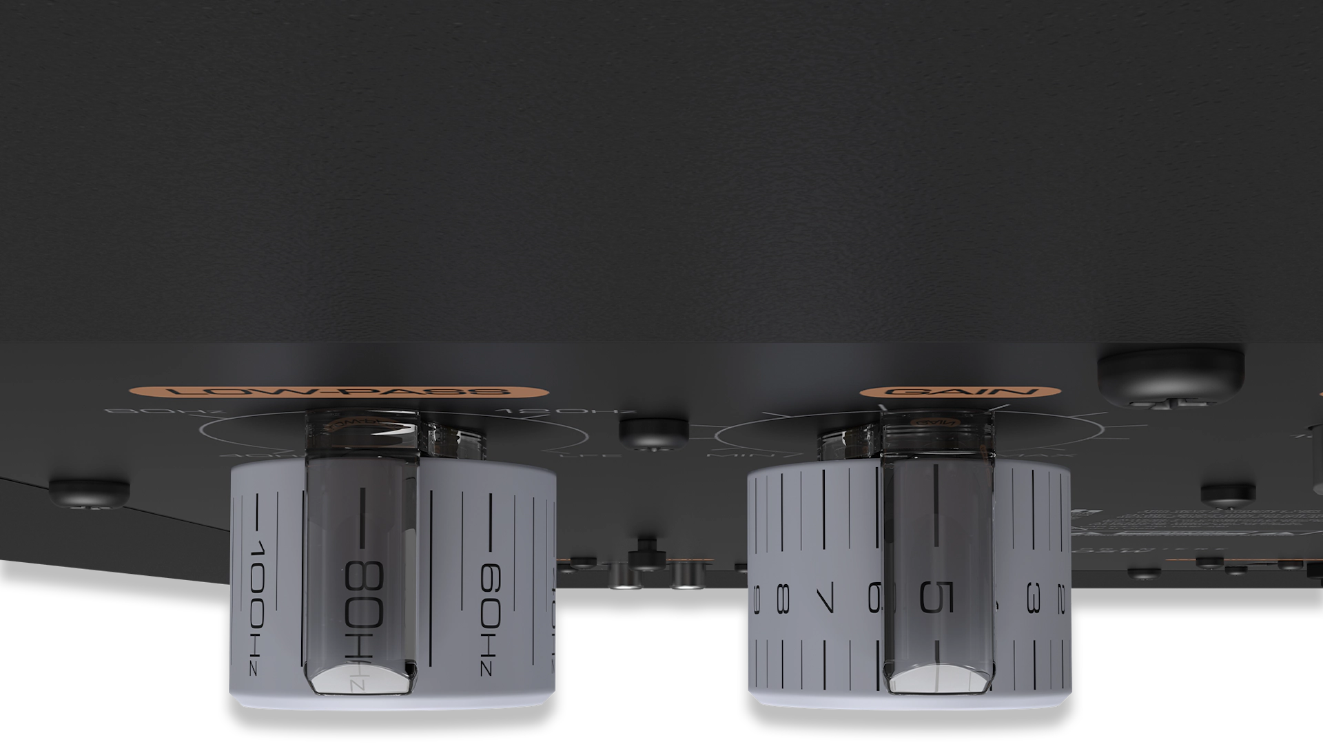 Top down view of knobs on the amplifier of an RP 1000 SW