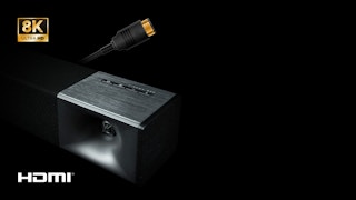 Beauty Shot of Klipsch Cinema 800 Sound Bar Controls with an HDMI cable and 8 K and HDMI logos