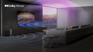 Klipsch Cinema 800 Sound Bar in a living room setting with a depiction of sound waves and a Dolby Atmos logo