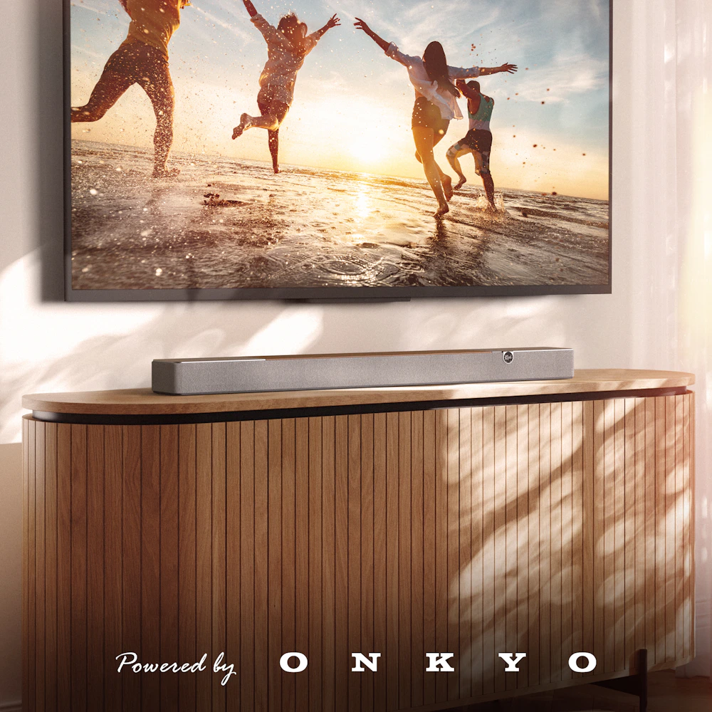 Klipsch Flexus CORE 200 WN on scandinavian modern media console with PBO logo 2000x2000