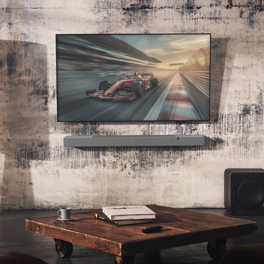 Klipsch Flexus CORE 200 WN SUB 100 in loft with race on tv 2000x2000