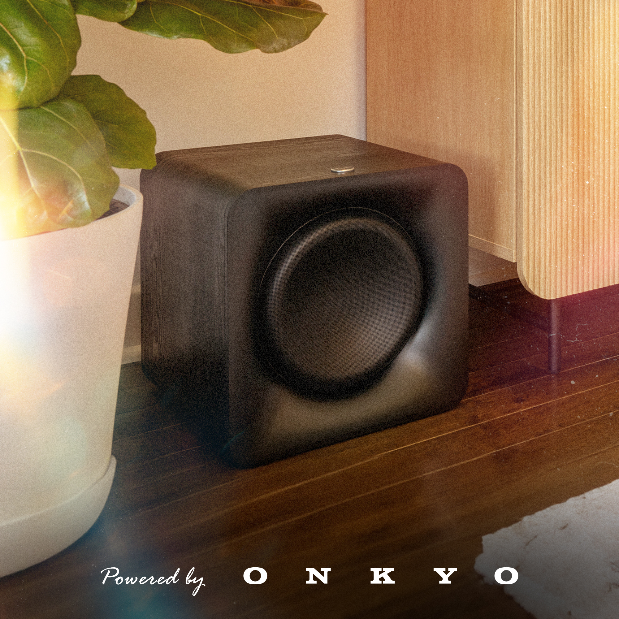 Klipsch Flexus Sub 1 beside plant and modern light media console with PBO logo 2000x2000