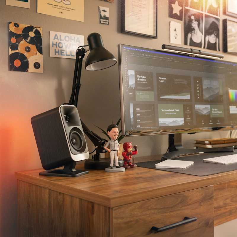 Klipsch Pro Media Lumina Satellite Closeup on Desk 2000x2000