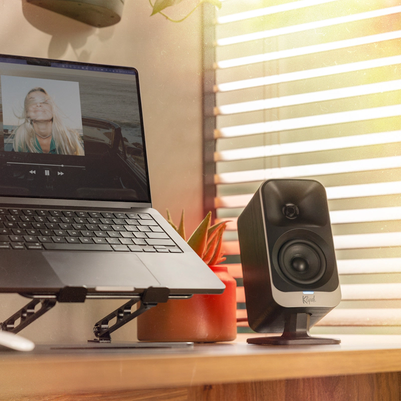 Klipsch Pro Media Lumina Satellite Closeup with Laptop 2000x2000