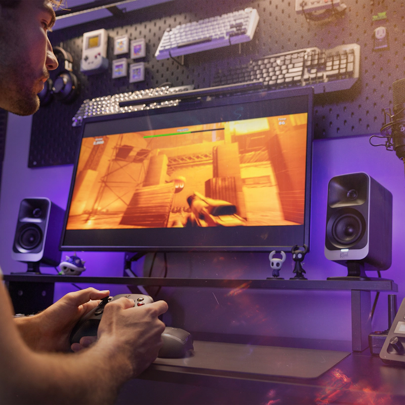 Klipsch Promedia Lumina Closeup with Gaming on Screen and Purple Lighitng 2000x2000