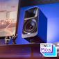 Klipsch Promedia Lumina on desktop wth indigo LED lighting and figurines with TWICE Picks 2026 badge