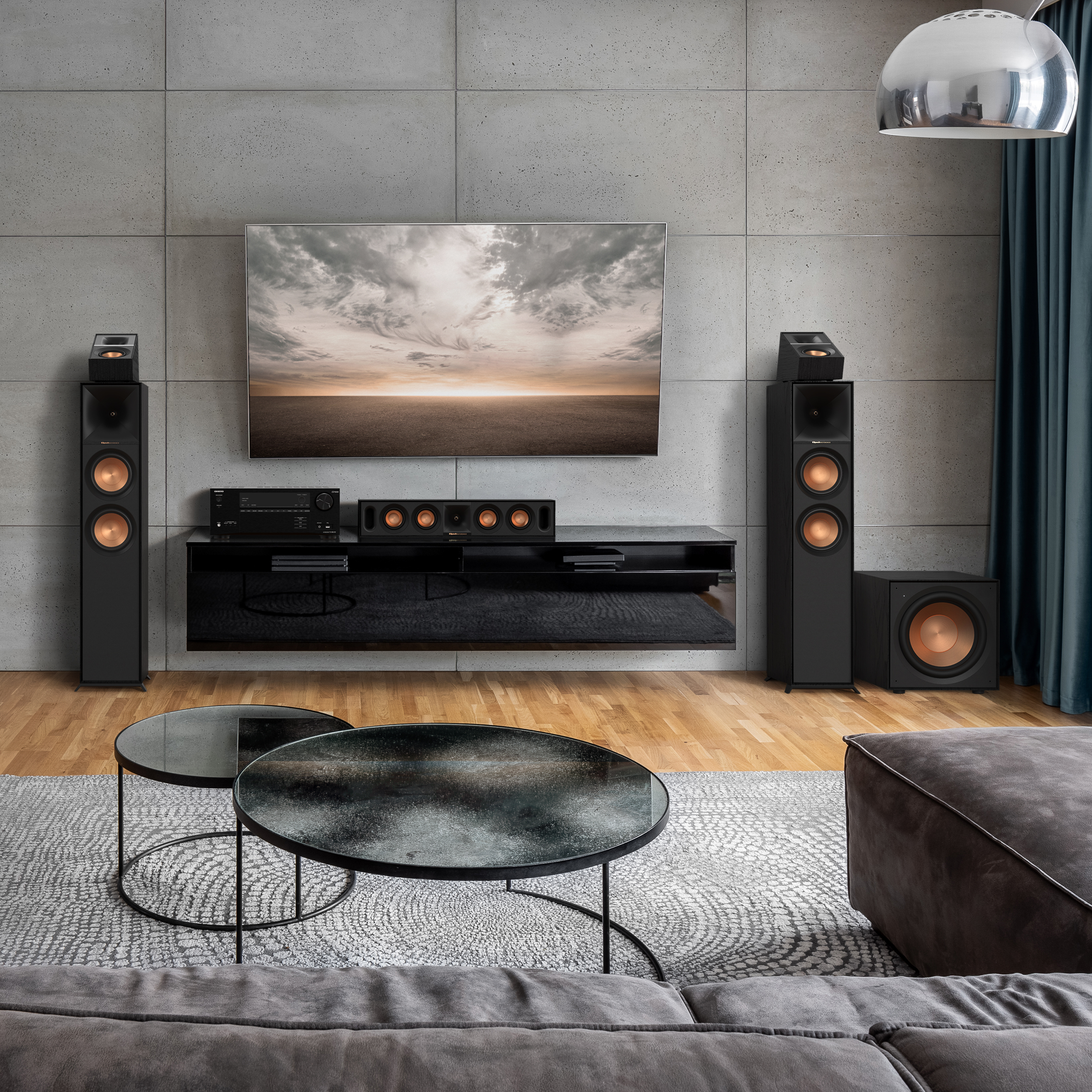 Klipsch R 101 SW Subwoofer in a home theater setting with grilles off 6