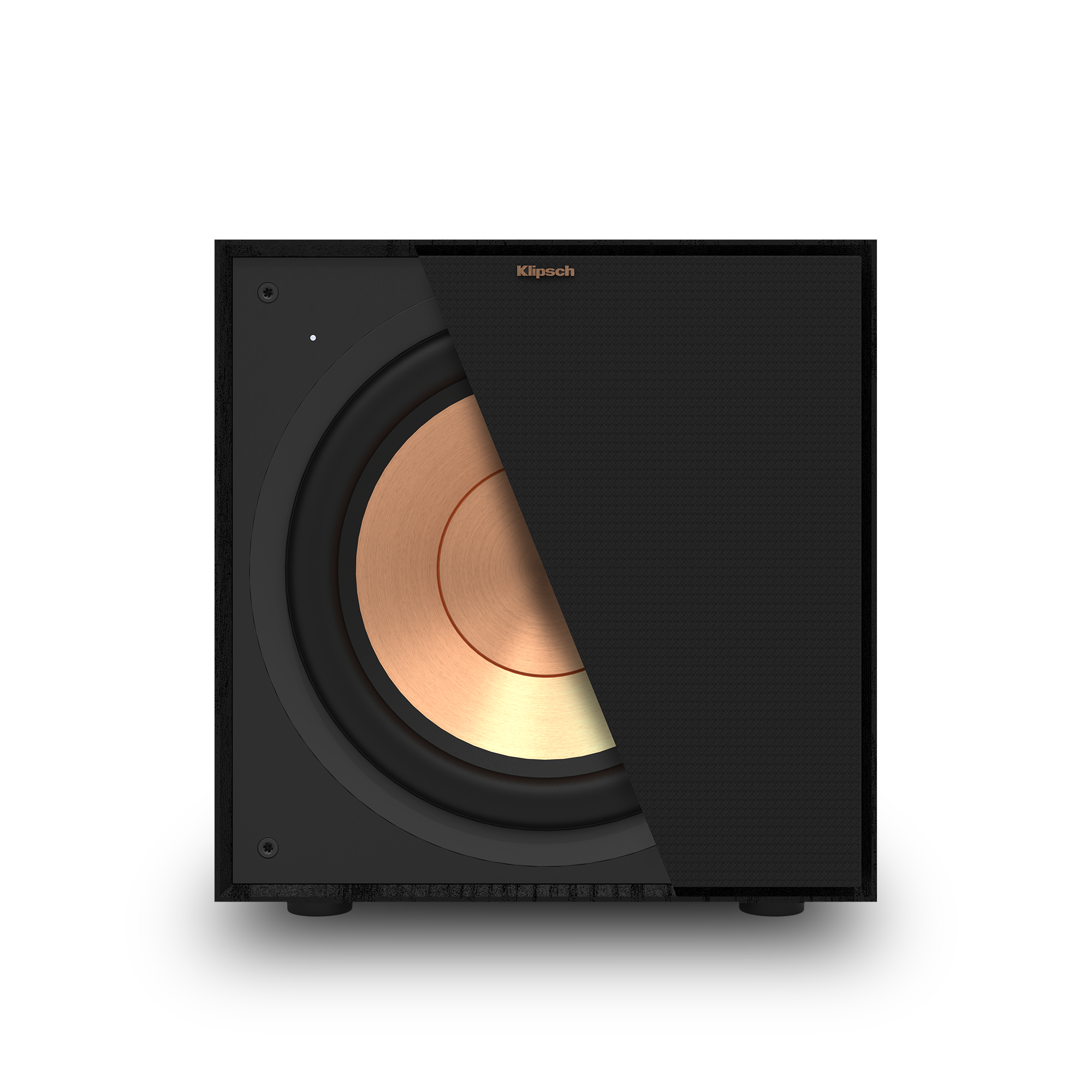 Klipsch R 101 SW Subwoofer with cutaway view of the grille from the front 3
