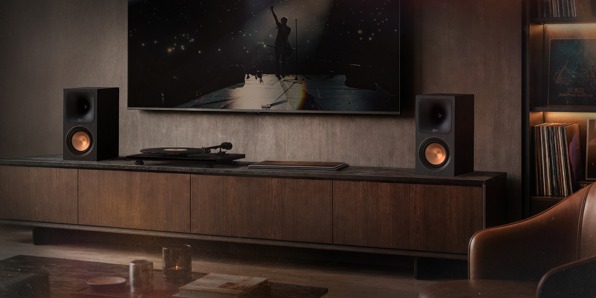 Klipsch RP 500 PM in media console beside turntable 2000x1000