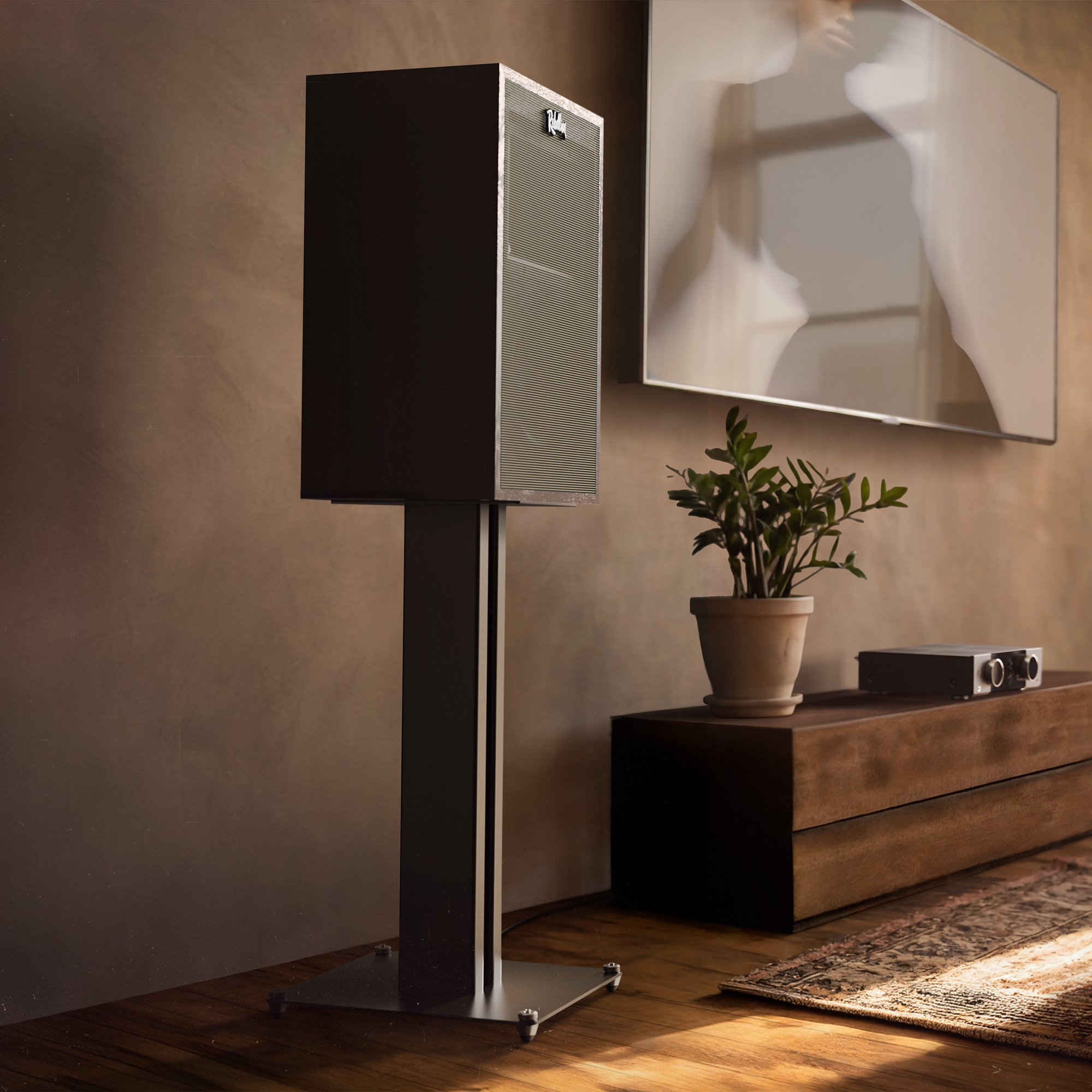 Klipsch Rebellion BK beside modern media console 2000x2000c