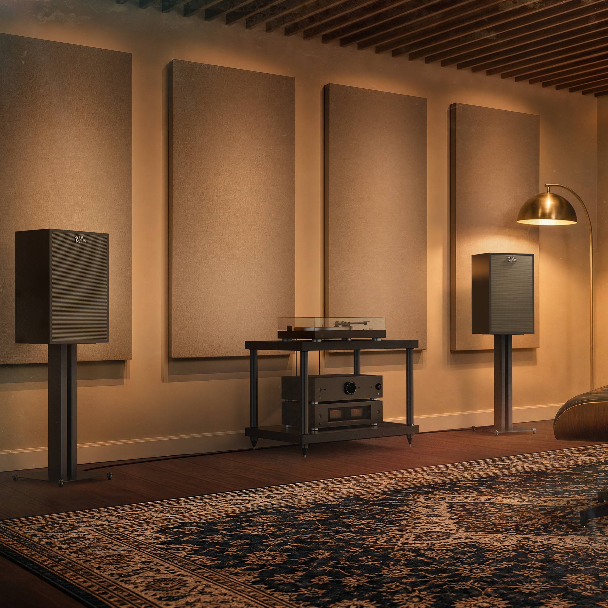 Klipsch Rebellion BK flanking turntable and amplifiers 2000x2000