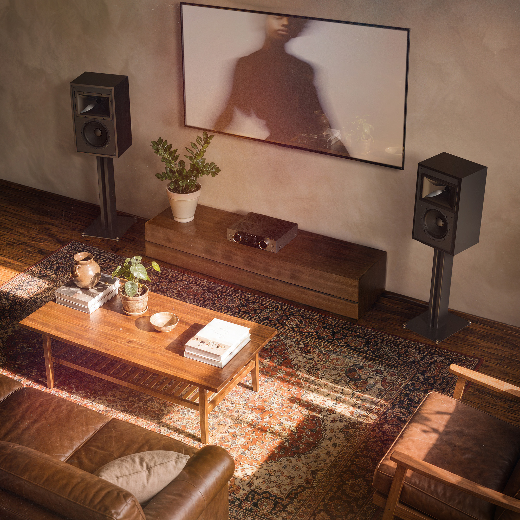 Klipsch Rebellion BK with TV and amplifier in sunny living room 2000x2000