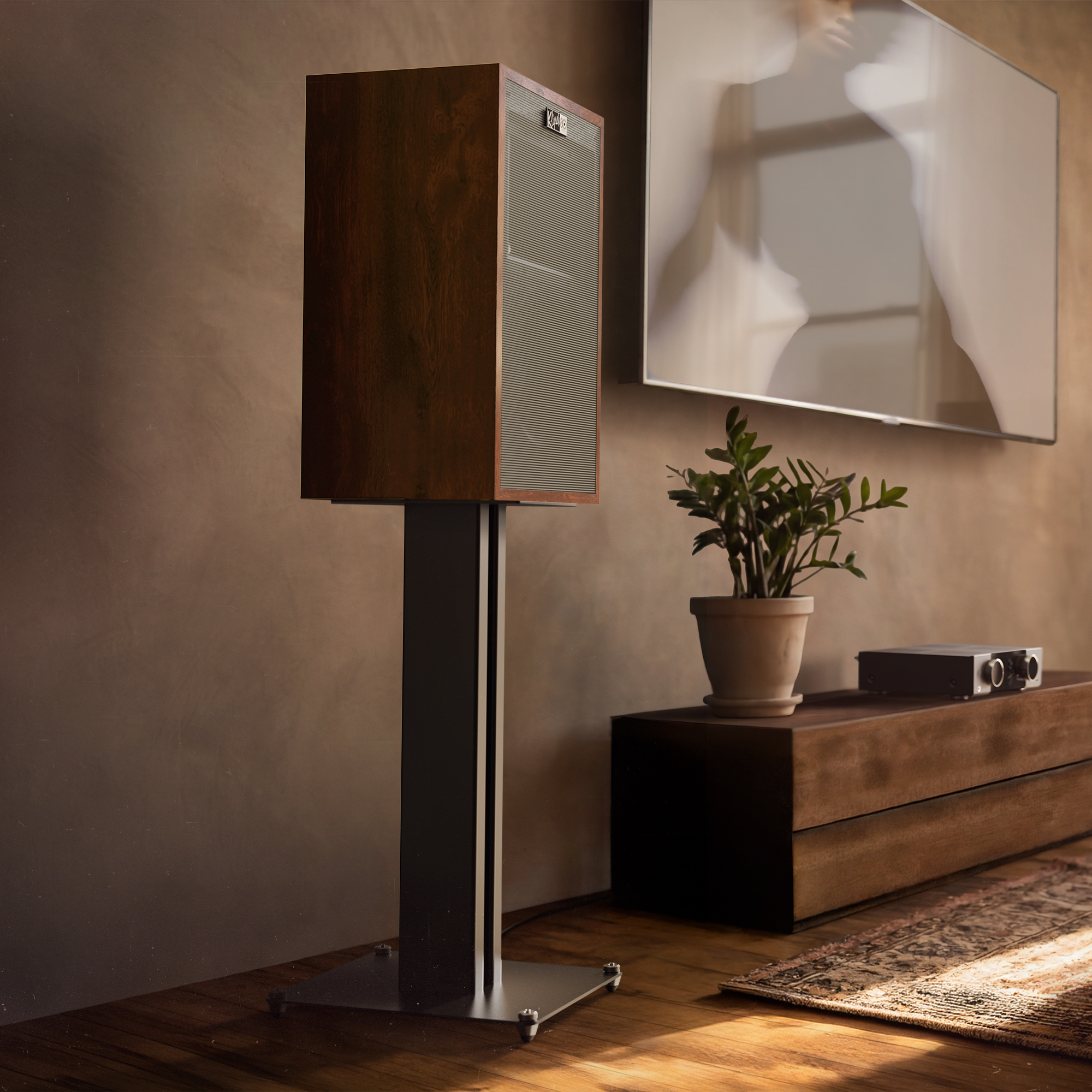 Klipsch Rebellion TW beside modern media console 2000x2000c