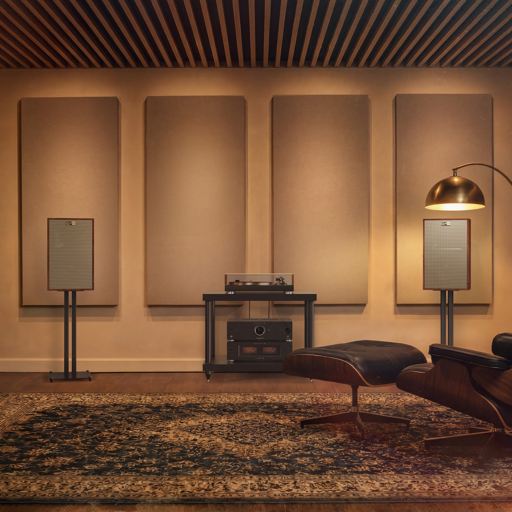Klipsch Rebellion TW flanking turntable and amplifiers straight on 2000x2000