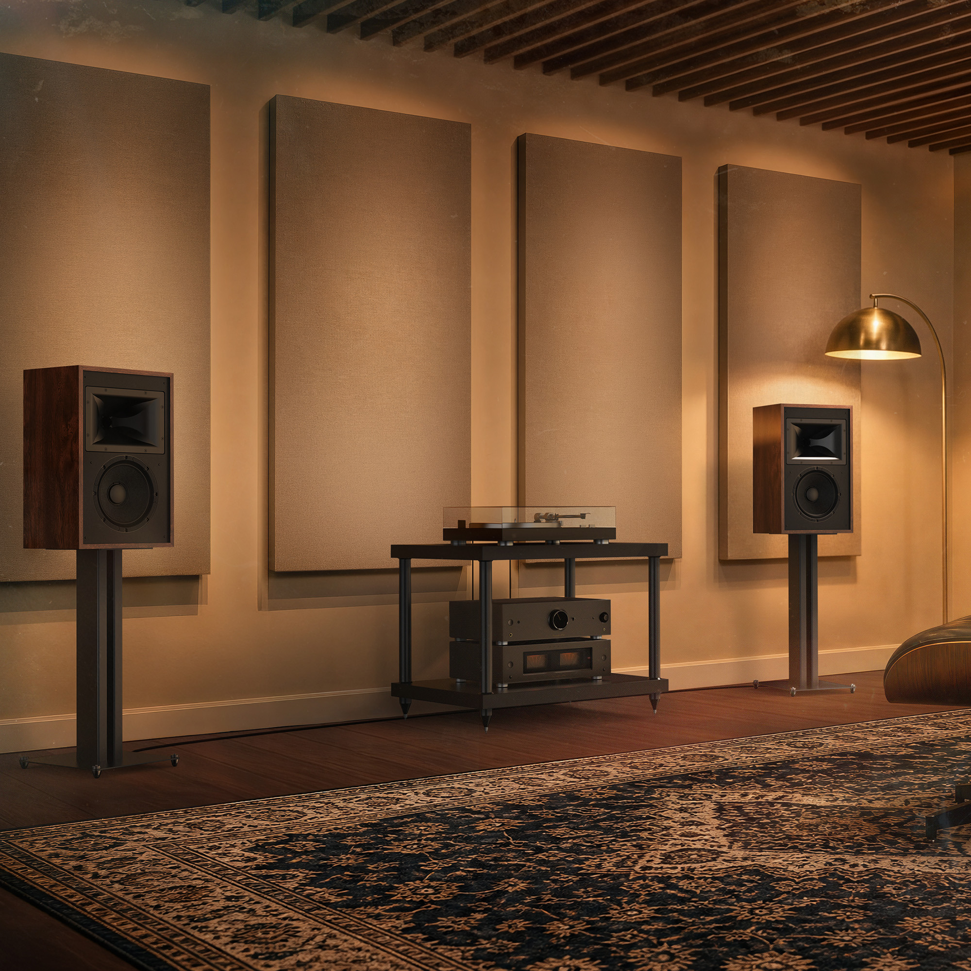 Klipsch Rebellion TW flanking turntable and amplifiers 2000x2000