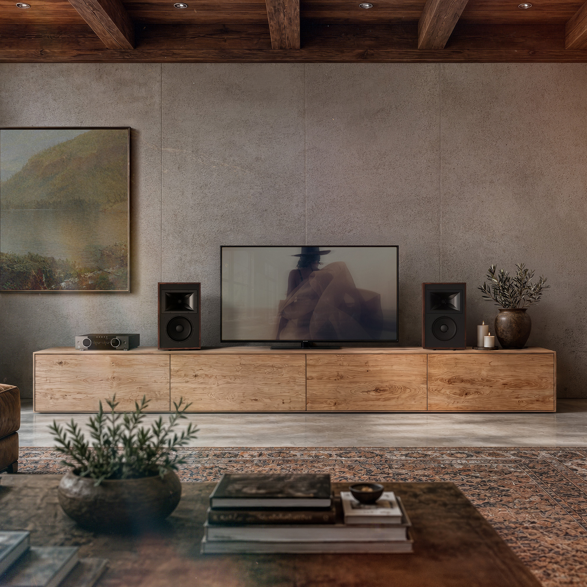 Klipsch Rebellion TW pair flanking tv in large living area 2000x2000