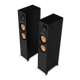 R 600 F Carousel 1- top, side and front view of tall speaker pair with gold accent