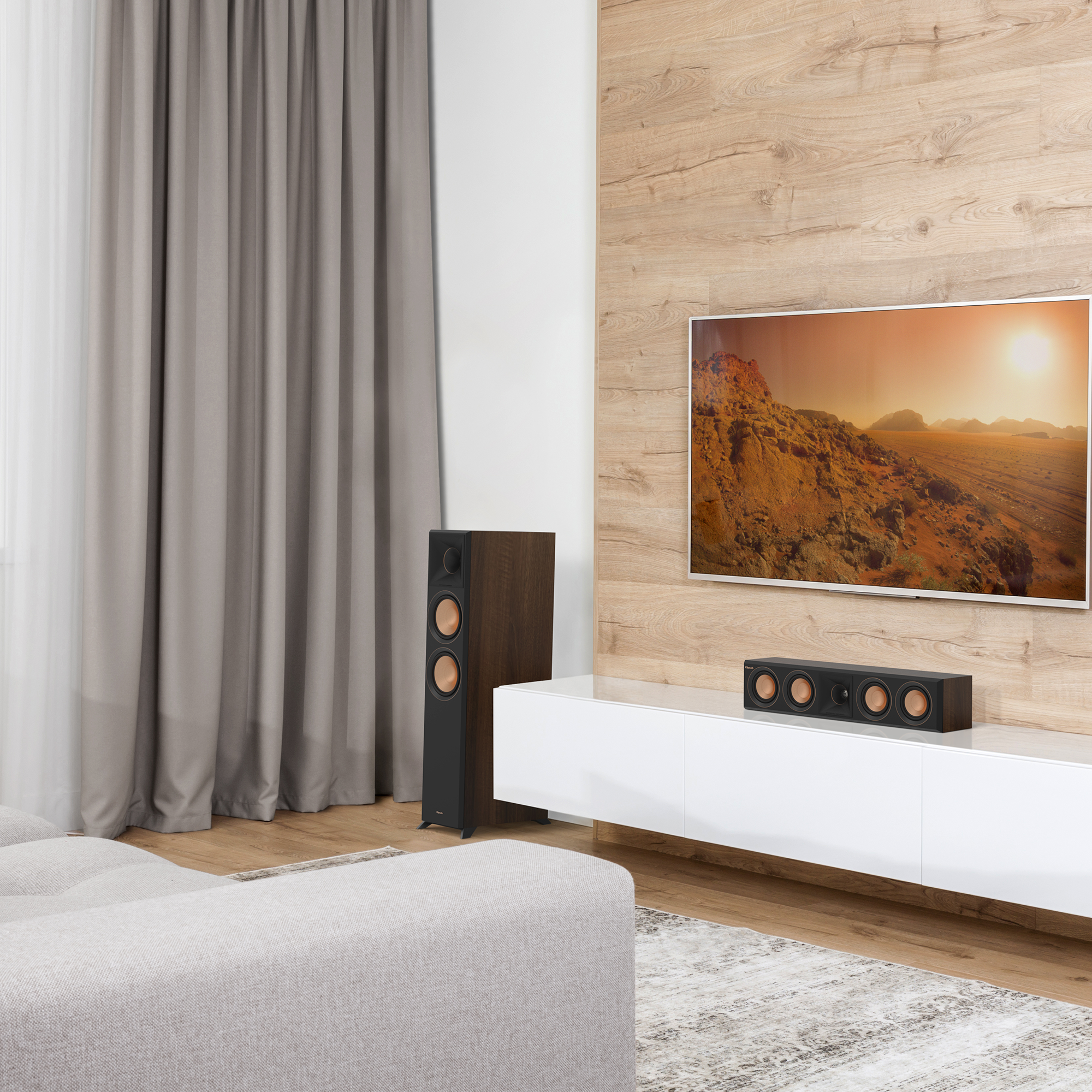 RP 404 C II sitting on a white credenza under a TV with its grille off