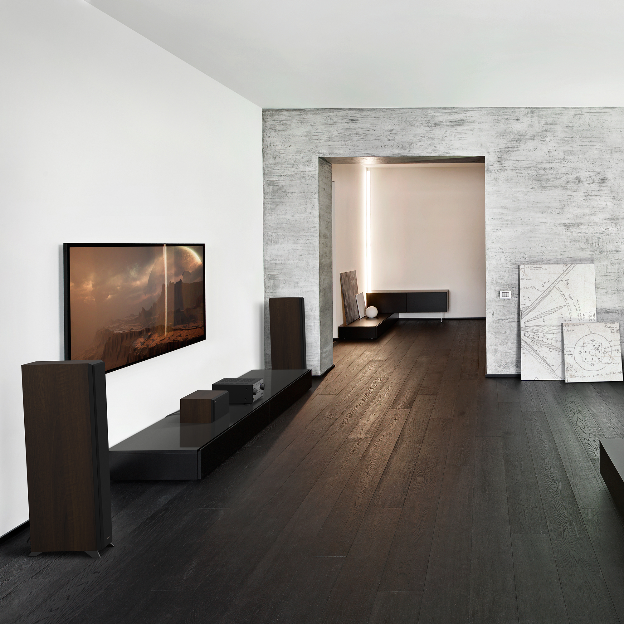 RP 500 C II sitting on a black credenza under a TV with grille on