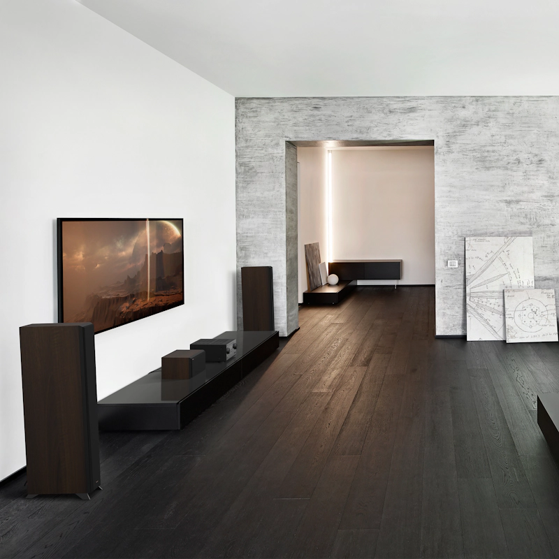 RP 500 C II sitting on a black credenza under a TV with grille on