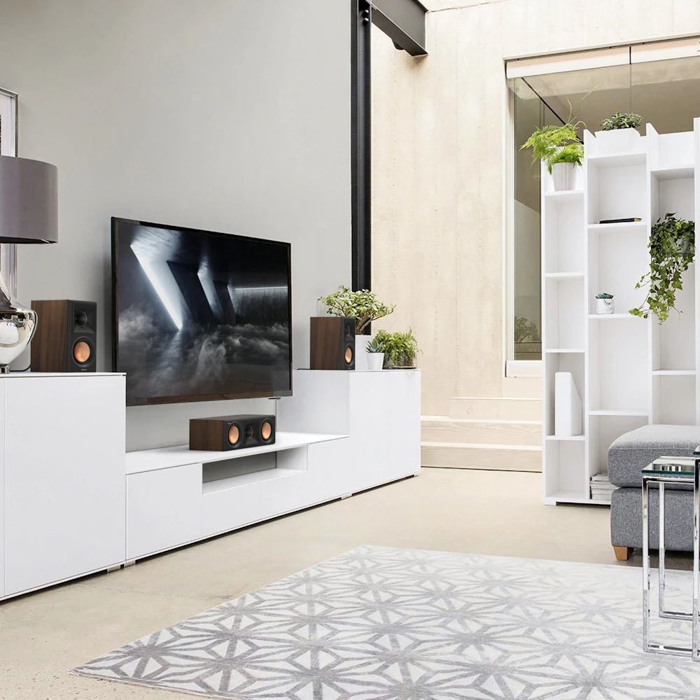 RP 500 C II sitting on a white credenza under a TV in front of a rug