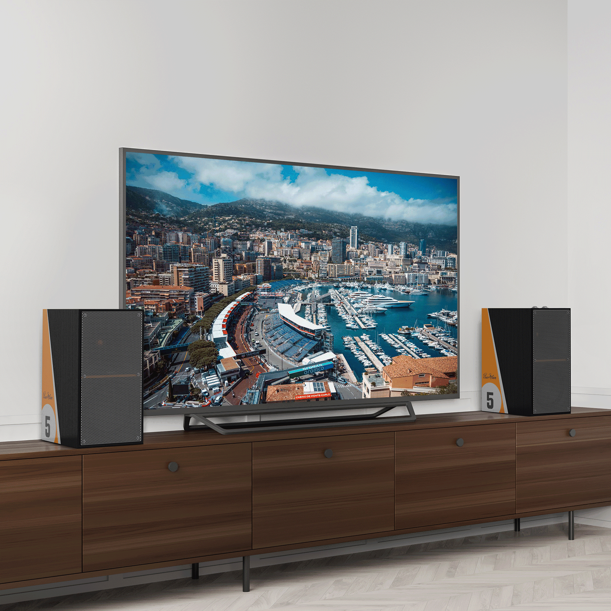 The Nines Mc Laren grilles on Mid Century Modern TV Console